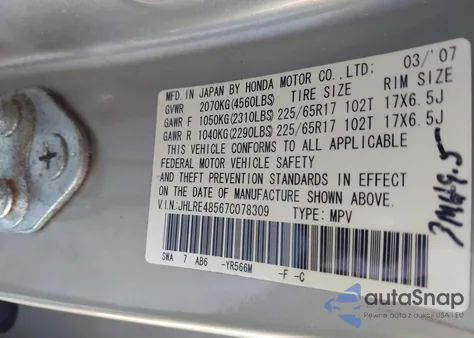 2007 Honda Cr-V Ex z USA, uszkodzony, nr VIN JHLRE48567C078309